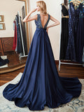 Double V-Neck Navy Blue Beads Crystal A Line Formal Prom Dresses