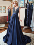 Double V-Neck Navy Blue Beads Crystal A Line Formal Prom Dresses