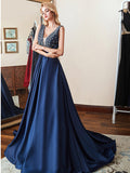 Double V-Neck Navy Blue Beads Crystal A Line Formal Prom Dresses