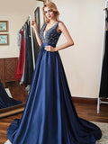 Double V-Neck Navy Blue Beads Crystal A Line Formal Prom Dresses