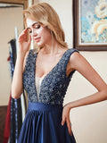 Double V-Neck Navy Blue Beads Crystal A Line Formal Prom Dresses
