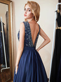 Double V-Neck Navy Blue Beads Crystal A Line Formal Prom Dresses