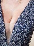 Double V-Neck Navy Blue Beads Crystal A Line Formal Prom Dresses