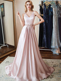 Simple Double V- Neck  Satin Prom Dresses with Beads Belt