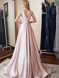 Simple Double V- Neck  Satin Prom Dresses with Beads Belt