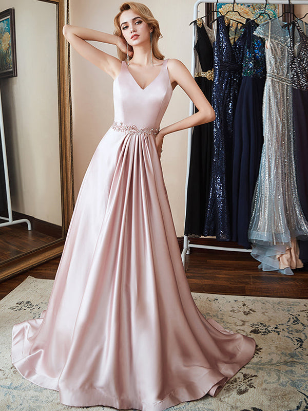 Simple Double V- Neck  Satin Prom Dresses with Beads Belt