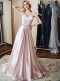 Simple Double V- Neck  Satin Prom Dresses with Beads Belt