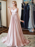 Simple Double V- Neck  Satin Prom Dresses with Beads Belt