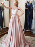 Simple Double V- Neck  Satin Prom Dresses with Beads Belt