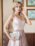 Simple Double V- Neck  Satin Prom Dresses with Beads Belt