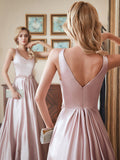 Simple Double V- Neck  Satin Prom Dresses with Beads Belt