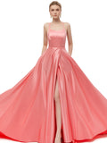 Silky A Line Satin Halter Split Side Spaghetti Straps Prom Dresses