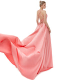 Silky A Line Satin Halter Split Side Spaghetti Straps Prom Dresses