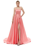 Silky A Line Satin Halter Split Side Spaghetti Straps Prom Dresses