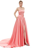 Silky A Line Satin Halter Split Side Spaghetti Straps Prom Dresses