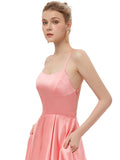 Silky A Line Satin Halter Split Side Spaghetti Straps Prom Dresses