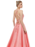 Silky A Line Satin Halter Split Side Spaghetti Straps Prom Dresses