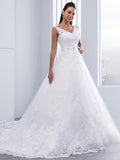 V-Neck Floral Lace White Wedding Dress