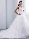 V-Neck Floral Lace White Wedding Dress