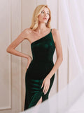 Sexy Mermaid One Strap Side Slit Velvet Affordable Bridesmaid Dresses