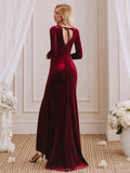 Charming Mermaid V-Neck Long Sleeves Velvet Long Bridesmaid Dresses With Slit