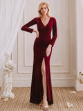 Charming Mermaid V-Neck Long Sleeves Velvet Long Bridesmaid Dresses With Slit