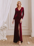 Charming Mermaid V-Neck Long Sleeves Velvet Long Bridesmaid Dresses With Slit