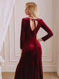 Charming Mermaid V-Neck Long Sleeves Velvet Long Bridesmaid Dresses With Slit