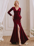 Charming Mermaid V-Neck Long Sleeves Velvet Long Bridesmaid Dresses With Slit