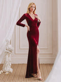 Charming Mermaid V-Neck Long Sleeves Velvet Long Bridesmaid Dresses With Slit