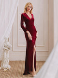 Charming Mermaid V-Neck Long Sleeves Velvet Long Bridesmaid Dresses With Slit