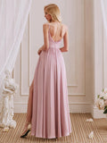 Cute A-Line V-Neck Spaghetti Straps Pleated Side Slit Bridesmaid Dresses