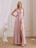 Cute A-Line V-Neck Spaghetti Straps Pleated Side Slit Bridesmaid Dresses