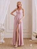 Cute A-Line V-Neck Spaghetti Straps Pleated Side Slit Bridesmaid Dresses