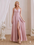 Cute A-Line V-Neck Spaghetti Straps Pleated Side Slit Bridesmaid Dresses