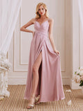 Cute A-Line V-Neck Spaghetti Straps Pleated Side Slit Bridesmaid Dresses