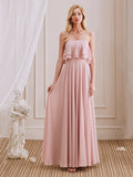 Simple A-Line Strapless Long Cheap Bridesmaid Dresses With Ruffle