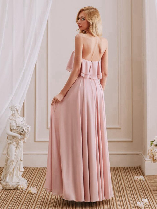 Simple A-Line Strapless Long Cheap Bridesmaid Dresses With Ruffle