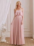 Simple A-Line Strapless Long Cheap Bridesmaid Dresses With Ruffle