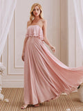 Simple A-Line Strapless Long Cheap Bridesmaid Dresses With Ruffle