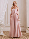 Simple A-Line Strapless Long Cheap Bridesmaid Dresses With Ruffle