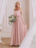 Simple A-Line Strapless Long Cheap Bridesmaid Dresses With Ruffle