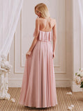 Simple A-Line Strapless Long Cheap Bridesmaid Dresses With Ruffle