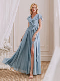 V-Neck Short Sleeves Ruffle Side Slit Long Bridesmaid Dress With Bow