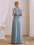 V-Neck Short Sleeves Ruffle Side Slit Long Bridesmaid Dress With Bow