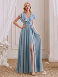 V-Neck Short Sleeves Ruffle Side Slit Long Bridesmaid Dress With Bow
