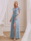 V-Neck Short Sleeves Ruffle Side Slit Long Bridesmaid Dress With Bow