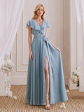 V-Neck Short Sleeves Ruffle Side Slit Long Bridesmaid Dress With Bow