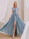 V-Neck Short Sleeves Ruffle Side Slit Long Bridesmaid Dress With Bow