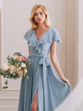 V-Neck Short Sleeves Ruffle Side Slit Long Bridesmaid Dress With Bow